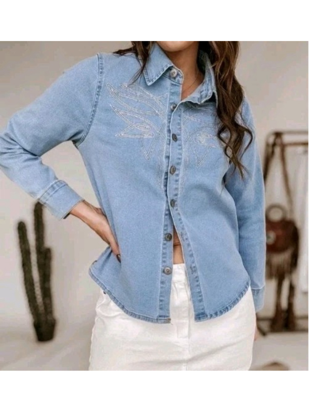 Western Denim Shirt Jacket Womens Sz S Boot Stitch Embroidered NWOT Cowgirl Boho